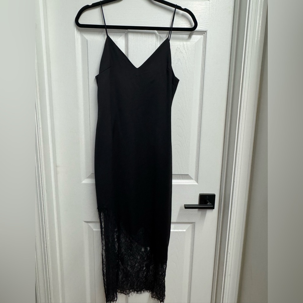 alice + olivia Black V-Neck Slip Dress with Lace Trim
